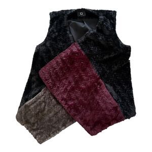 G by Giuliana Womens Faux Fur Vest Black Red & Brown Open Lapels M